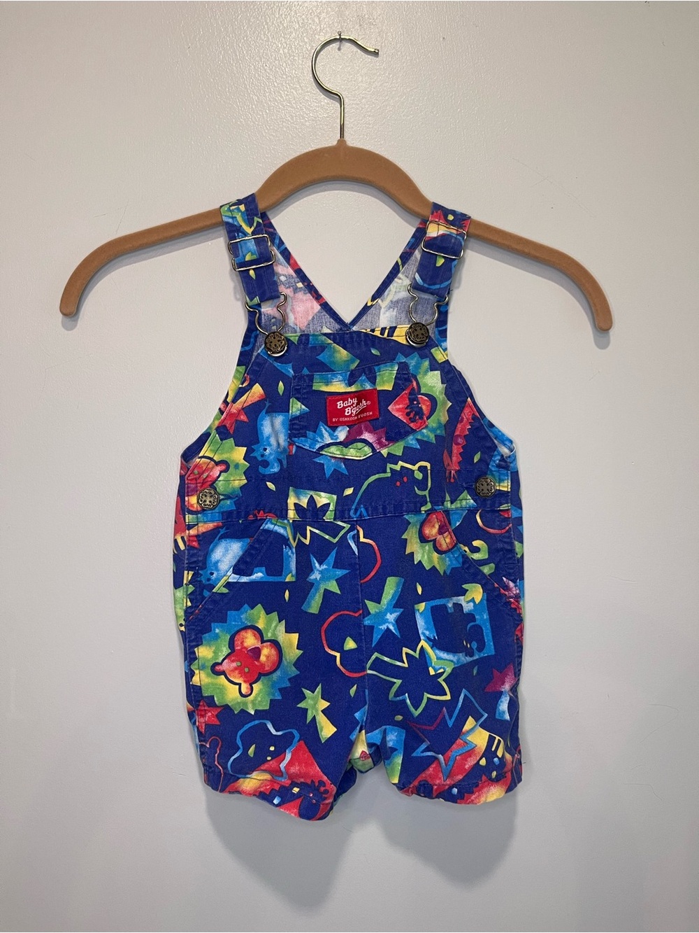 OshKosh B'gosh 90s Baby Bright Vintage  Multicolor Print Toddler Short Overalls